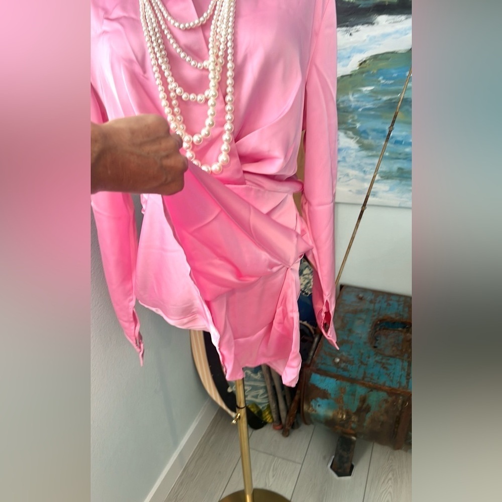 Pink Ripple,Vibrant,Stunner Pink Cross Chest Dress,SideZipper,Grand Lapel,Size M - Picture 11 of 12